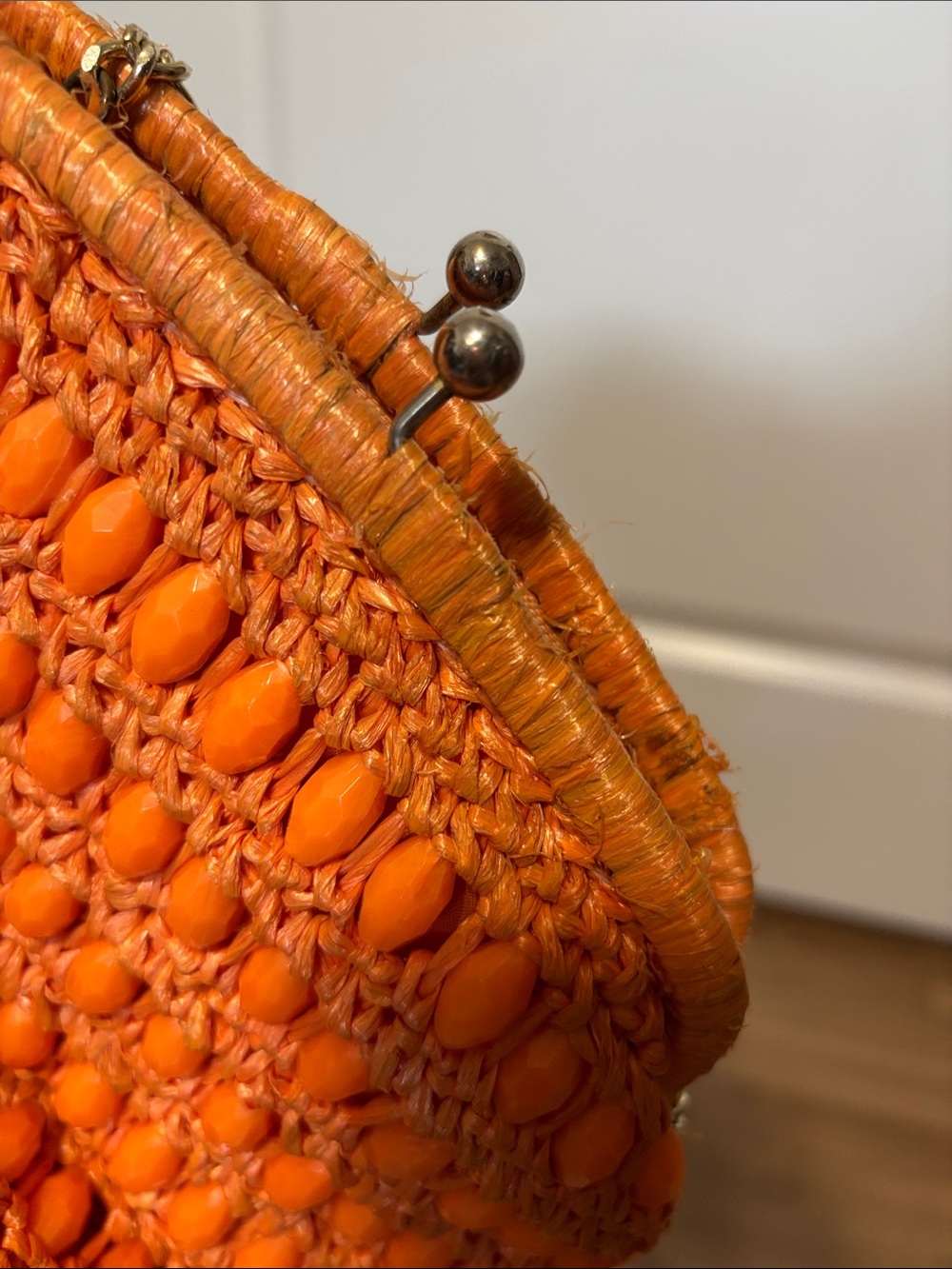 VINTAGE 60s Simpson’s Department Store Orange Raffia Beaded Clutch Bag - Picture 8 of 9